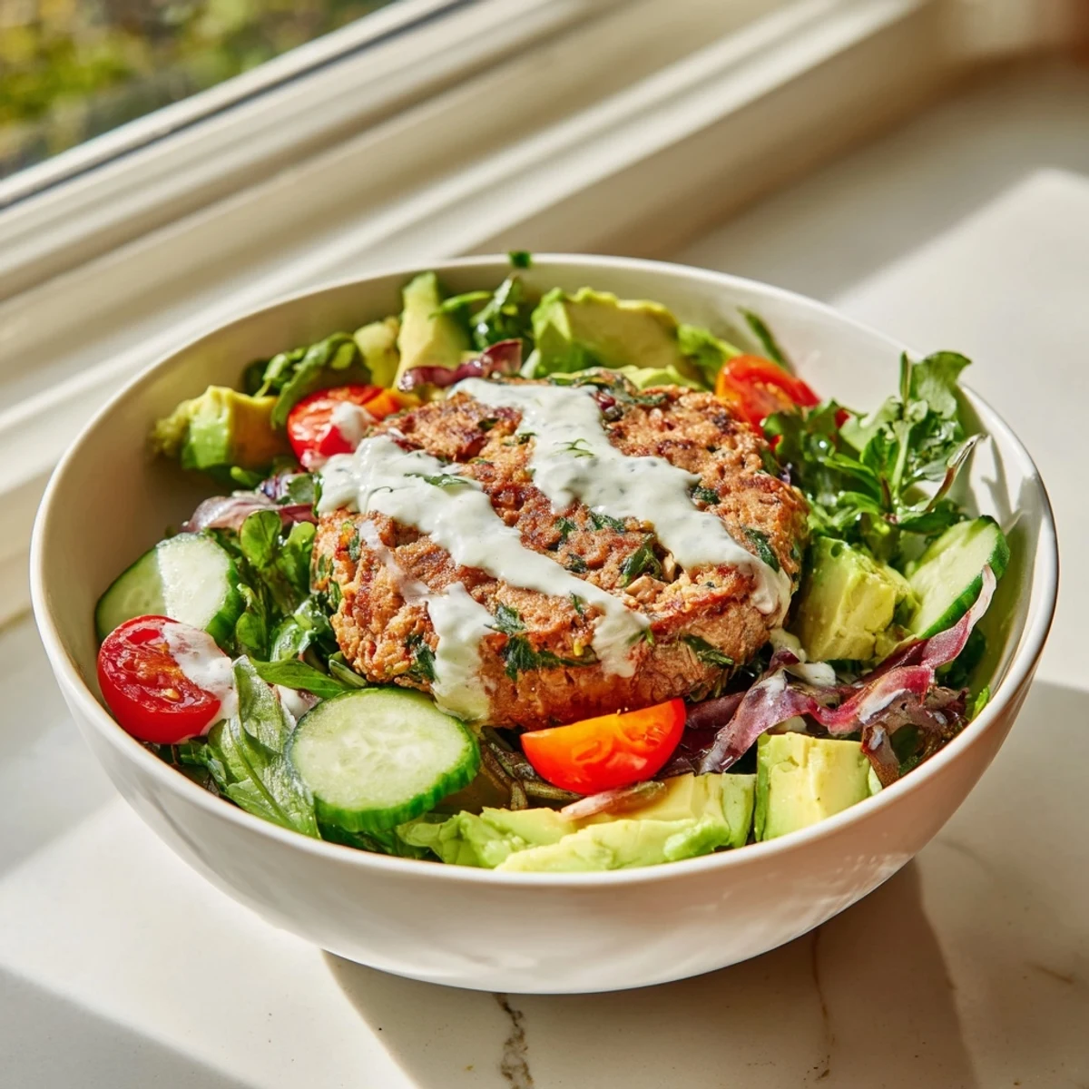 Sliced turkey burger rests on a bed of spinach and arugula, drizzled with tangy yogurt dressing and garnished with red onion.