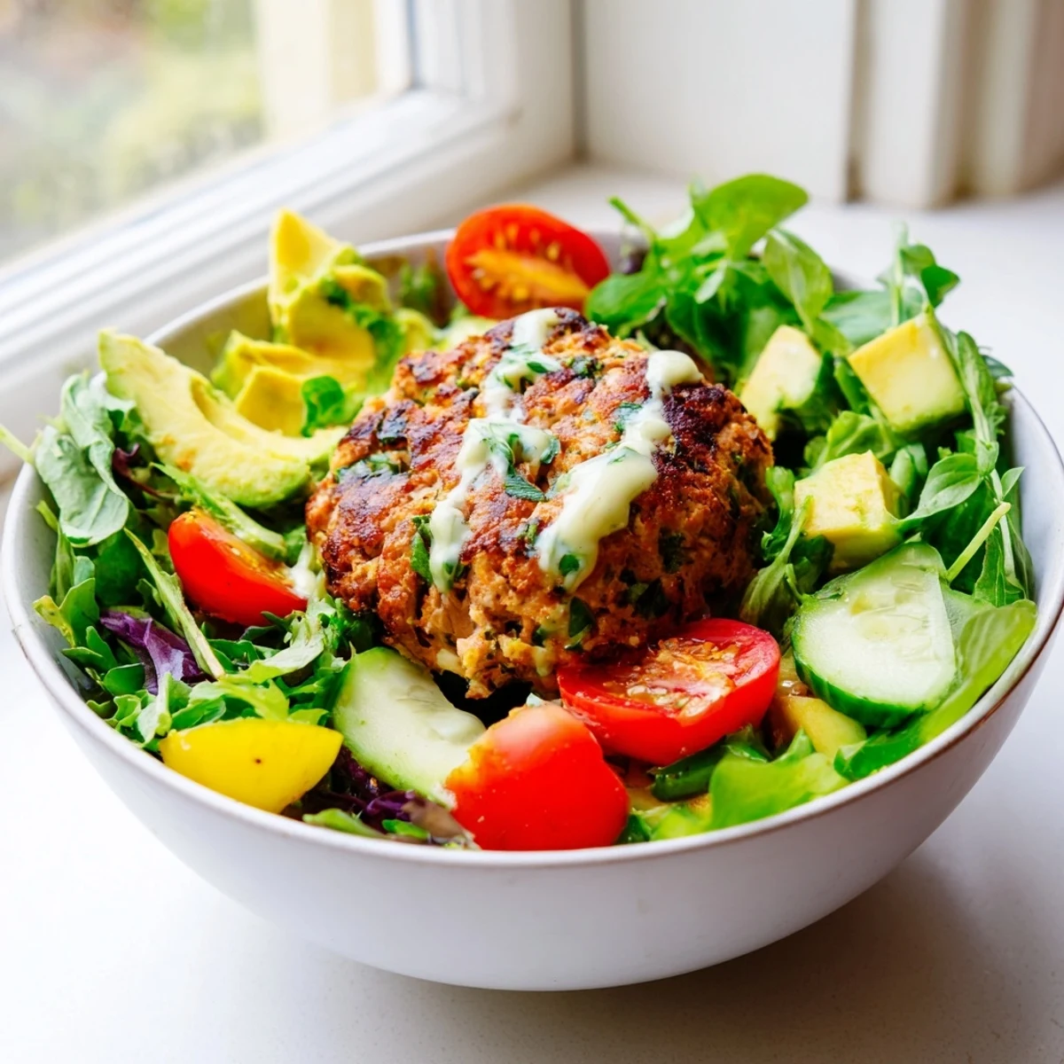 A wholesome lunch bowl features a golden turkey patty over mixed veggies, ready to be enjoyed with a light, zesty dressing.