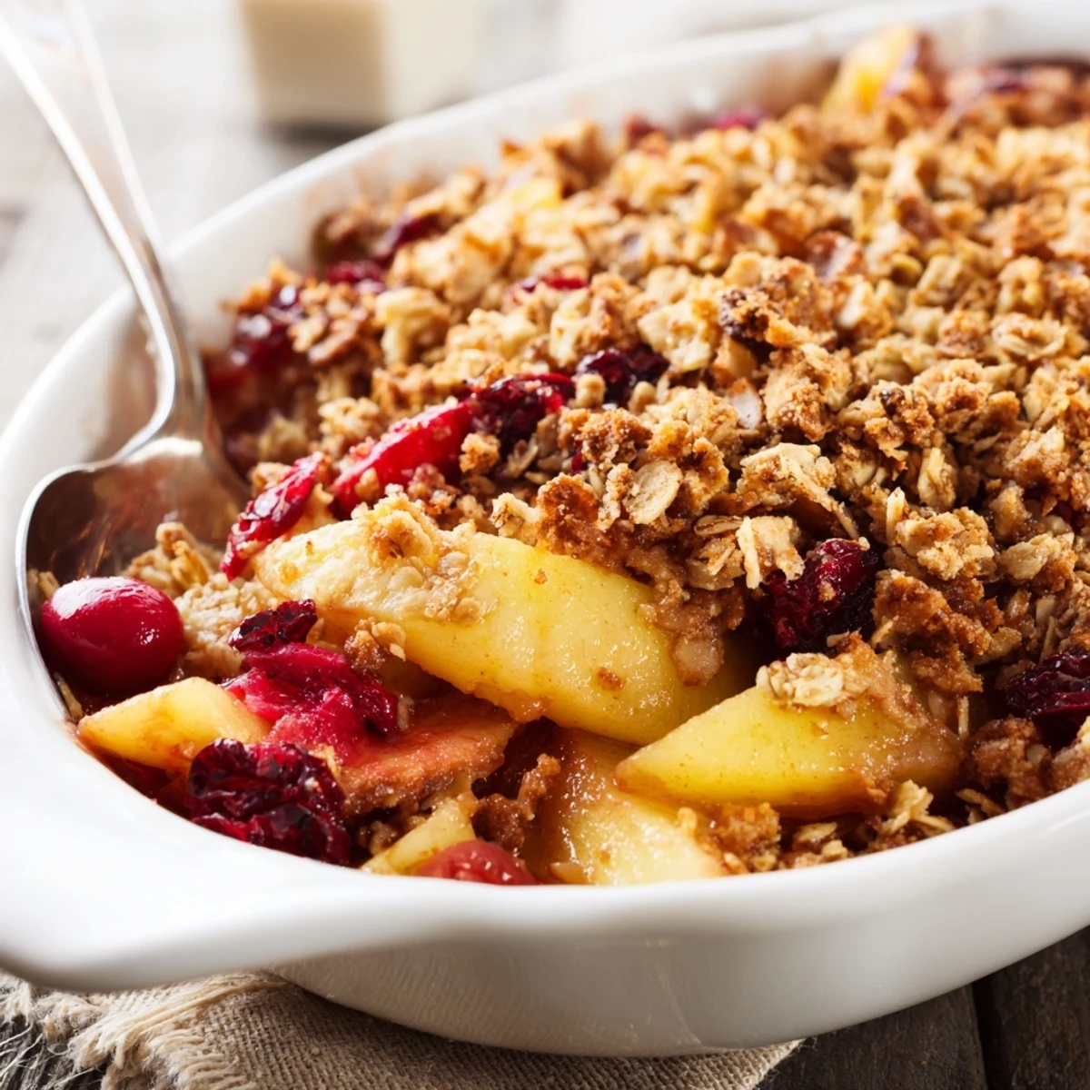 A close-up of warm Winter Fruit Crisp bubbling from a baking dish, showcasing golden oat topping and tender apples and pears.