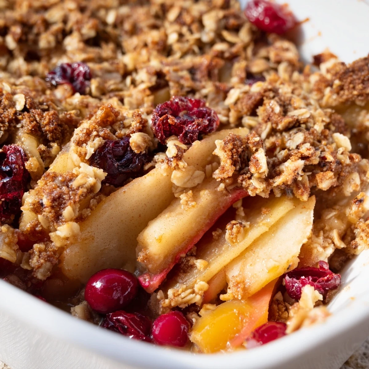 Serving suggestion of Winter Fruit Crisp in a rustic bowl topped with a scoop of melting vanilla ice cream.