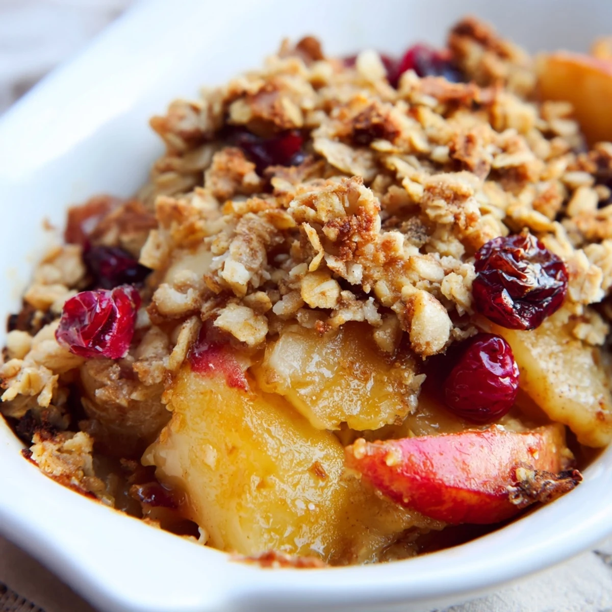 Overhead view of the finished Winter Fruit Crisp recipe, highlighting the crunchy walnut streusel and vibrant red cranberries.