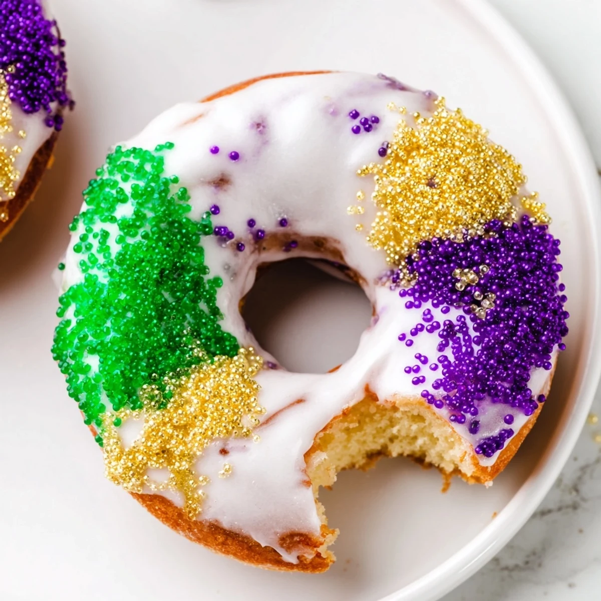 Freshly baked Mardi Gras King Cake donuts, glazed and sprinkled with vibrant purple, green, and gold sugars on a wire rack.  