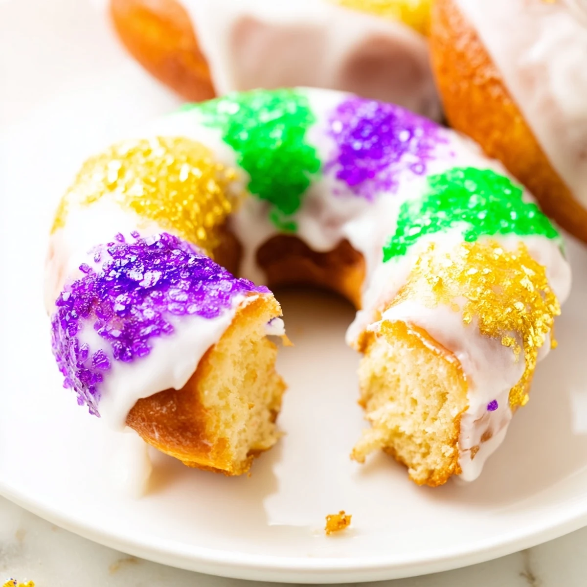 Stack of soft Mardi Gras King Cake donuts drizzled with vanilla glaze and decorated with colorful holiday sugars.  