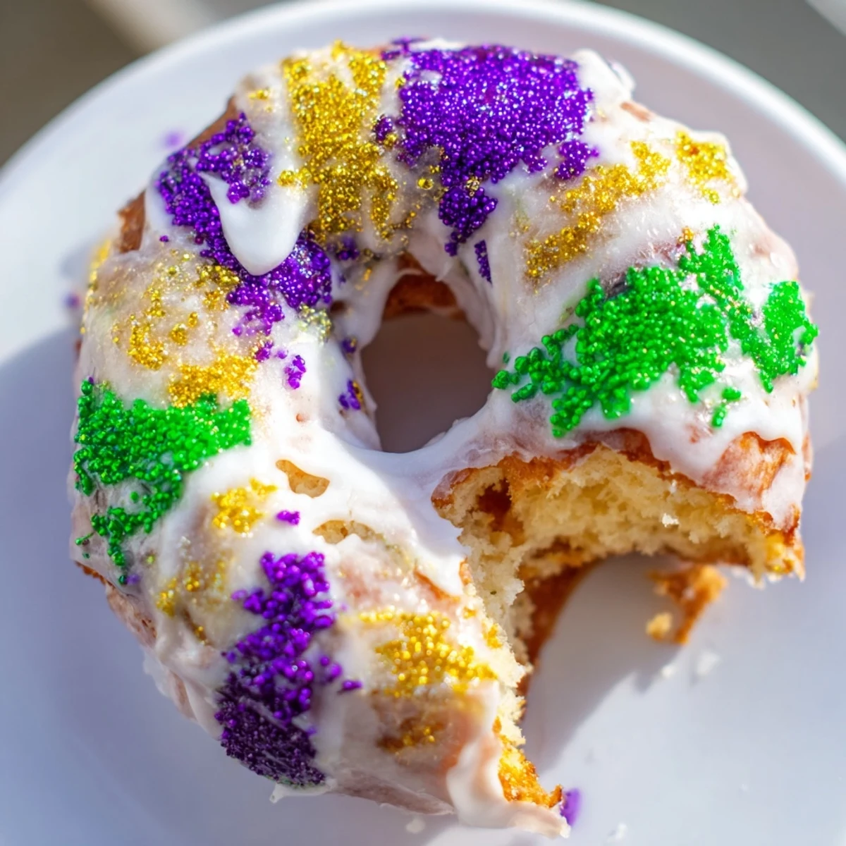 Warm Mardi Gras King Cake donuts topped with cream cheese filling and festive sanding sugars for a Mardi Gras celebration.