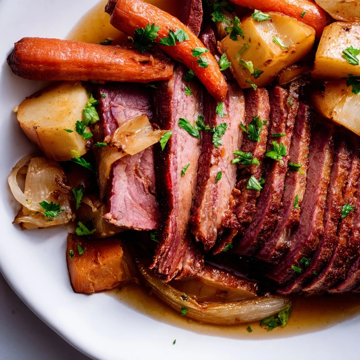 Tender slices of halal corned beef brisket with soft root vegetables, garnished with fresh parsley on a white platter.