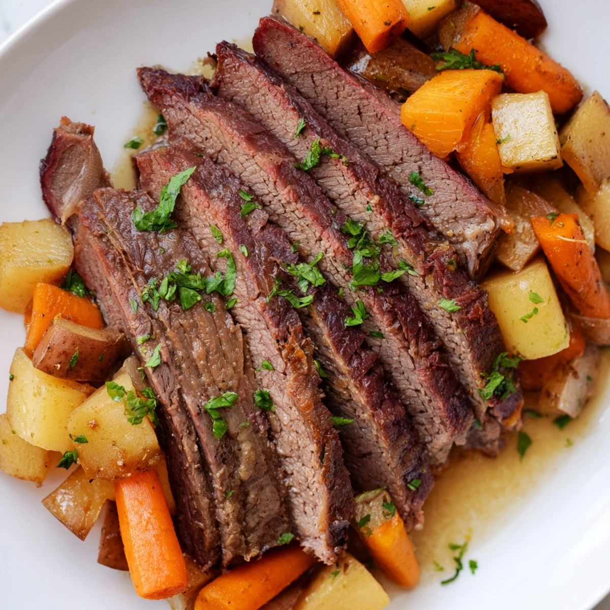 Close-up of juicy halal corned beef brisket and glazed carrots, potatoes, and cabbage ready to serve for dinner.