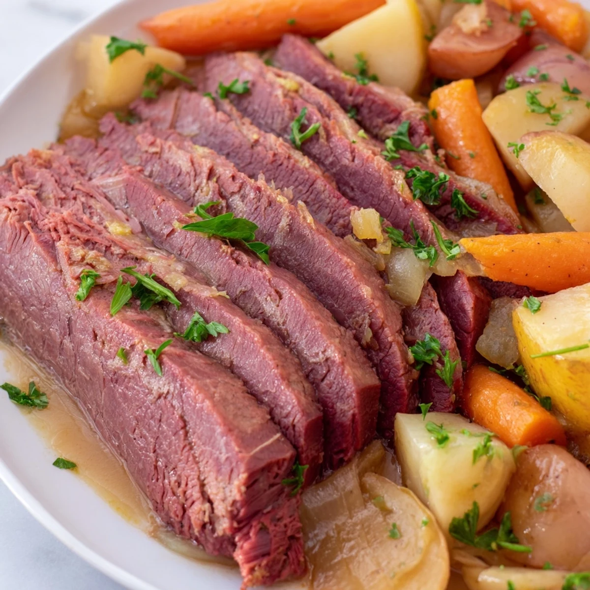 A savory pot of halal corned beef brisket and root vegetables simmering in a Dutch oven, releasing aromatic steam.