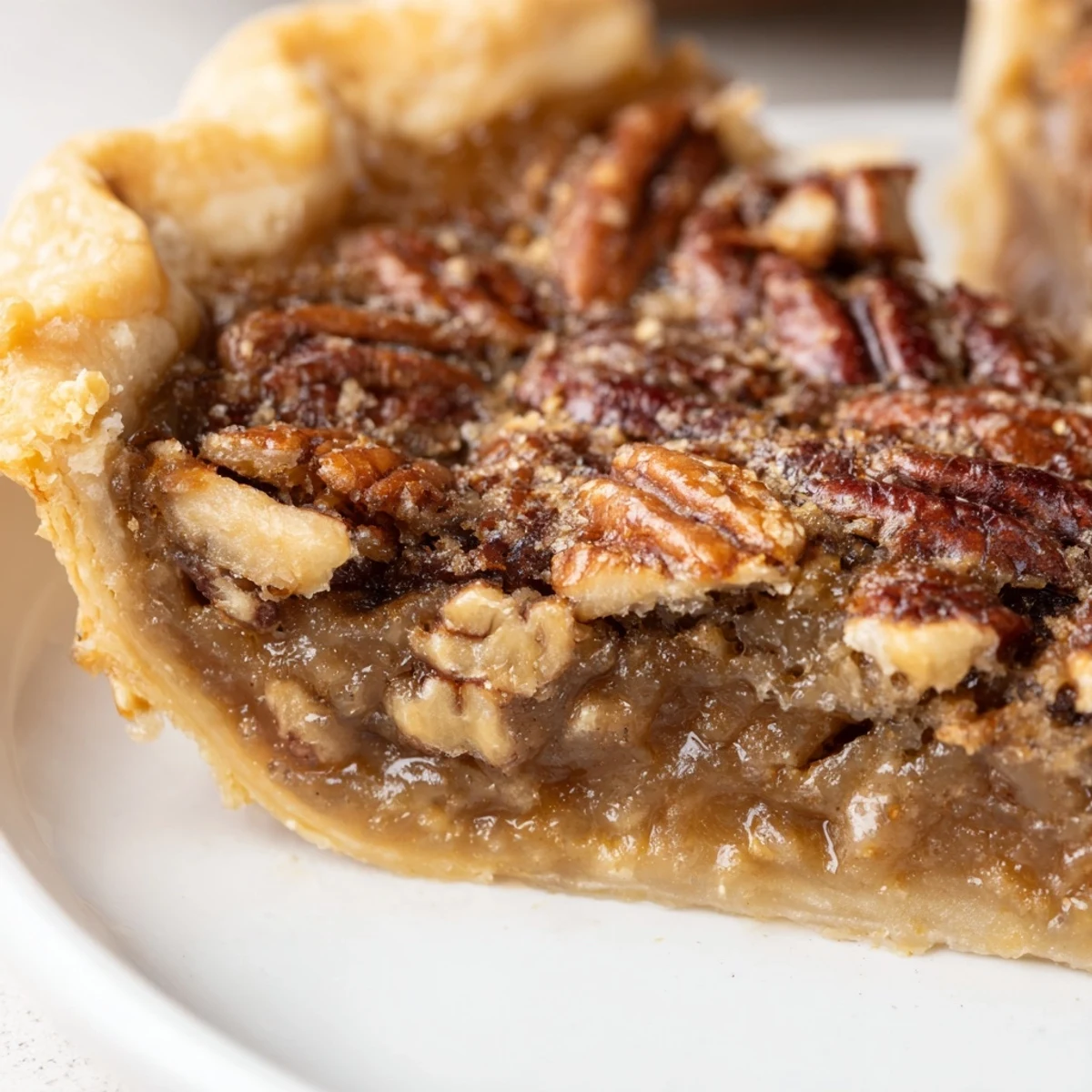 A freshly baked Southern Pecan Pie, featuring a golden, flaky crust and a rich filling studded with toasted pecan halves, ready to be served warm.  