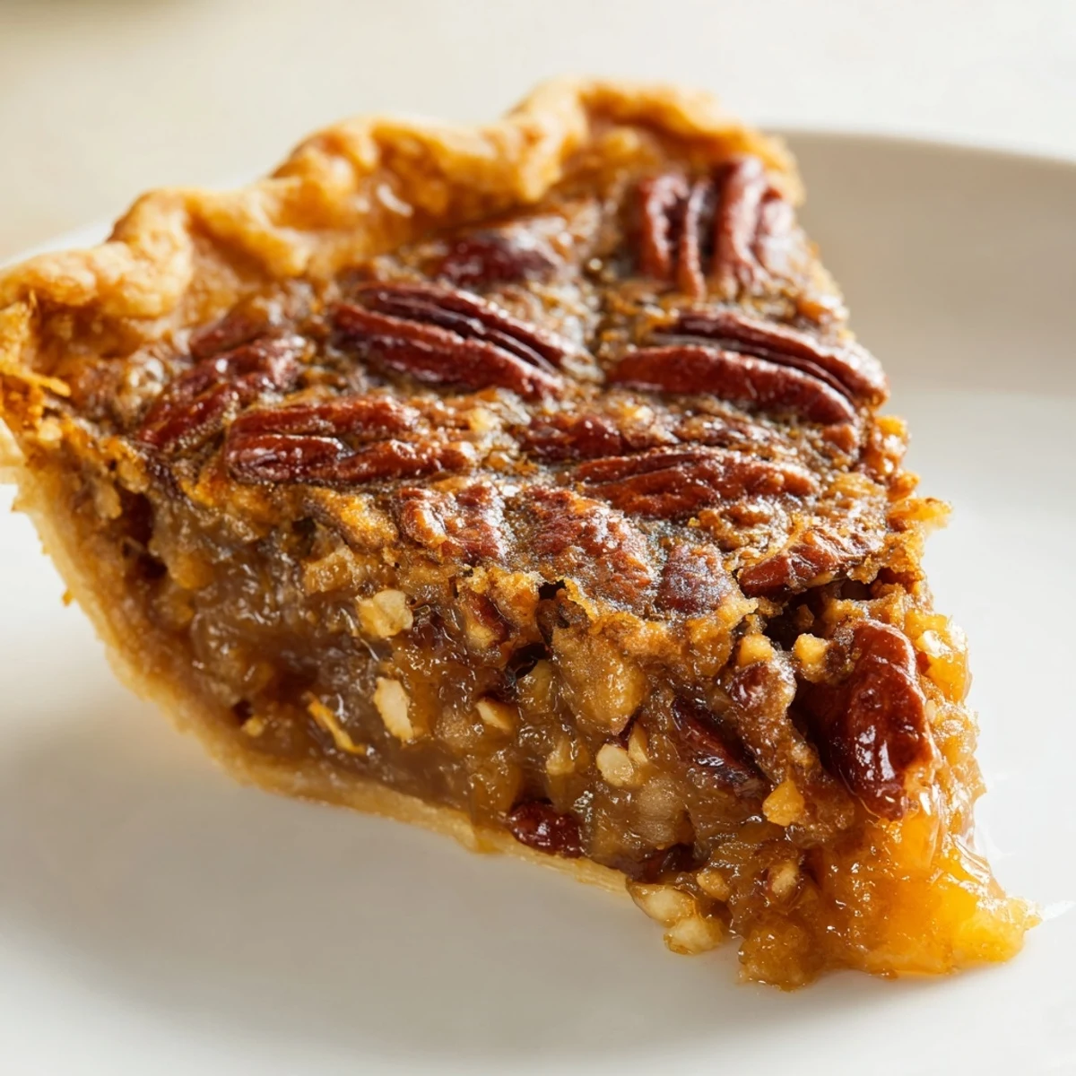 Close-up of a slice of Southern Pecan Pie on a white plate, revealing the gooey, caramelized interior and generous layers of pecans, perfect for a holiday dessert.  