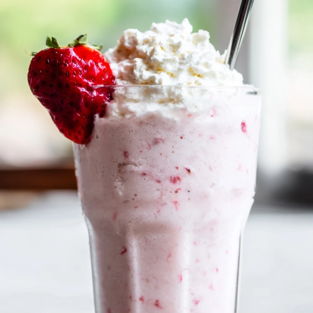 Creamy Valentine Strawberry Milkshake topped with heart sprinkles, served alongside shortbread cookies on a marble countertop.