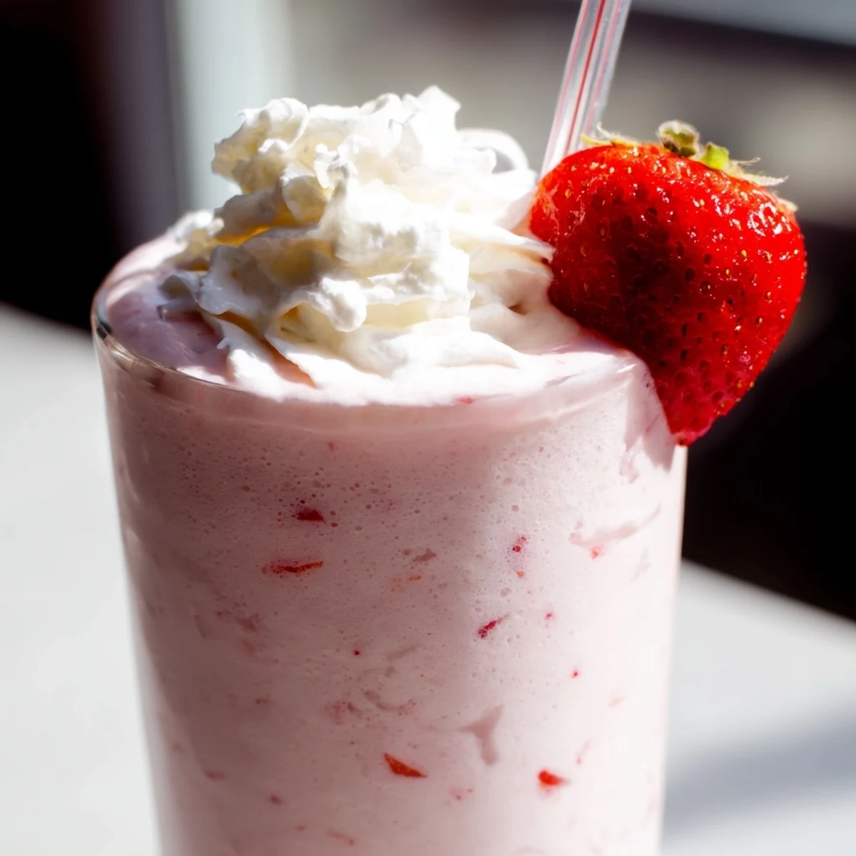 A Valentine Strawberry Milkshake garnished with whipped cream and fresh strawberry halves in a tall glass.