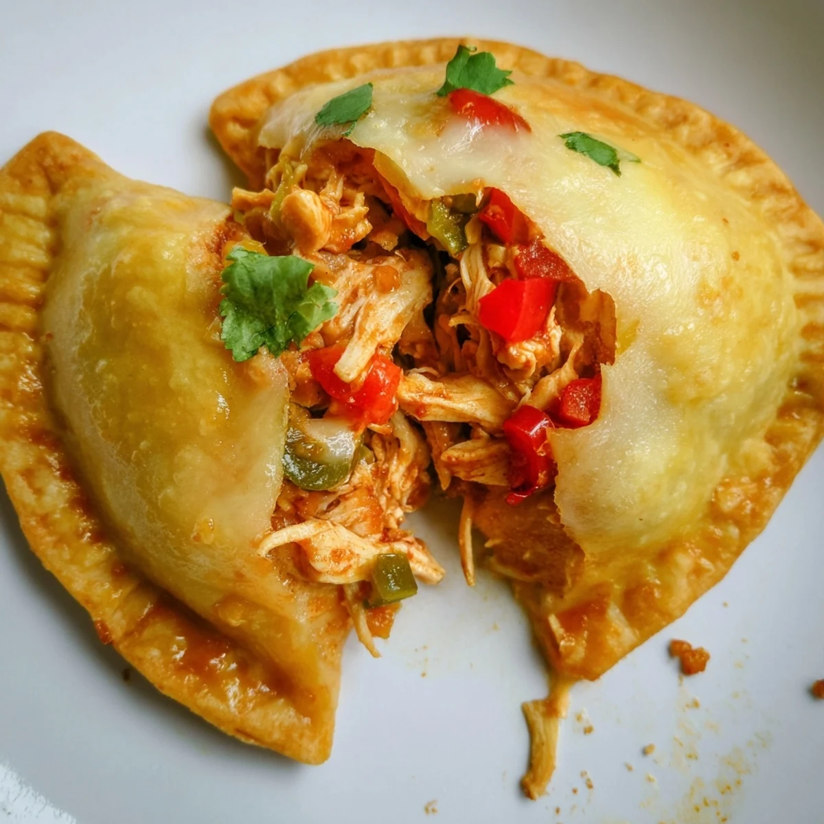 Freshly fried Super Bowl Spicy Chicken Empanadas serve with cool sour cream and guacamole for dipping.  