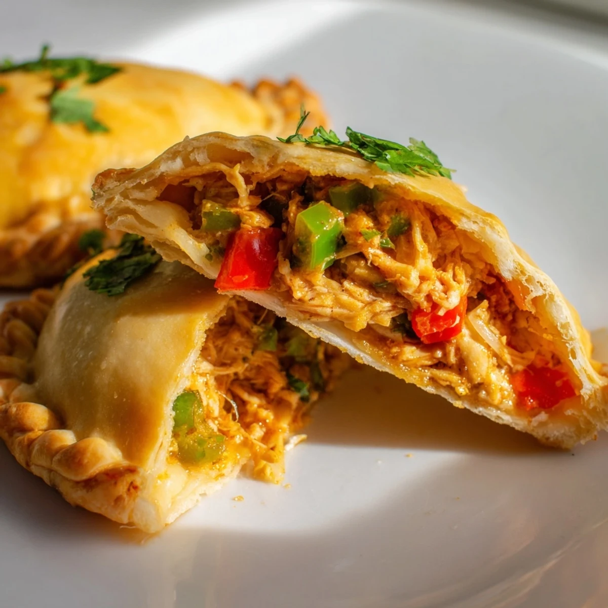 Golden-baked Super Bowl Spicy Chicken Empanadas, crimped and filled with peppers, cheese, and shredded chicken.  