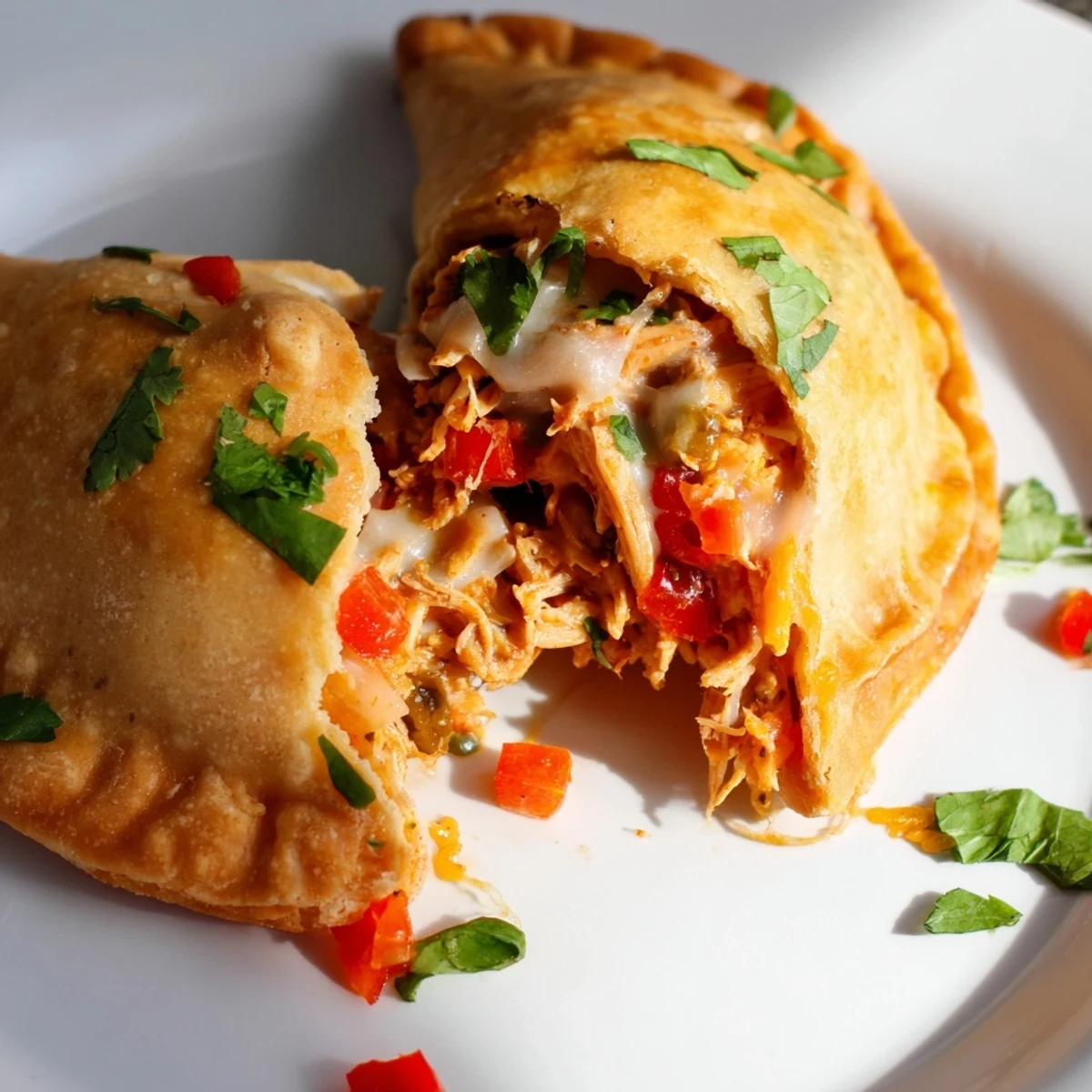 Upright Super Bowl Spicy Chicken Empanadas on a platter, steam rising from the cheesy, spicy filling.