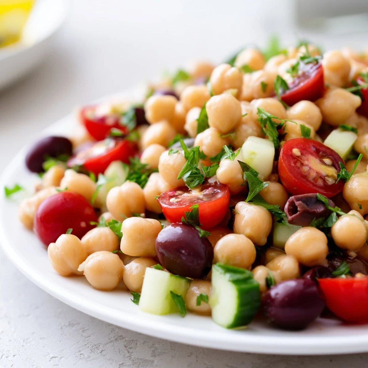 Fresh Mediterranean Chickpea Salad with lemon vinaigrette, served in a rustic bowl with olives and parsley, perfect for a light lunch or picnic side dish.