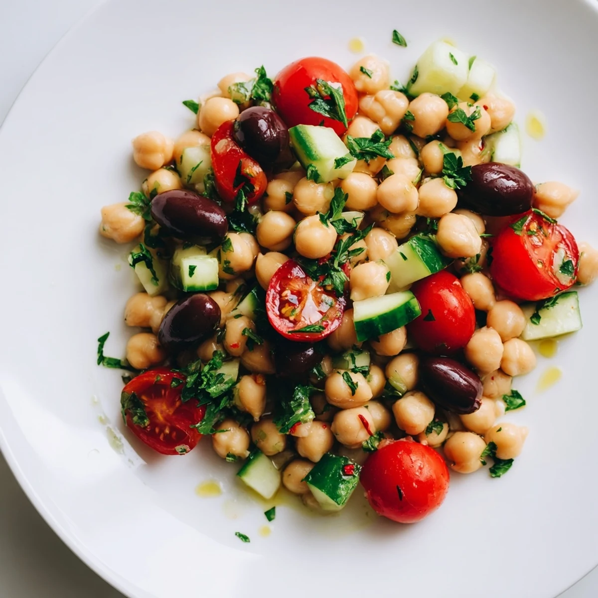 Overhead view of Mediterranean Chickpea Salad with lemon vinaigrette, showcasing colorful diced vegetables and chickpeas, ready to serve with grilled pita on the side.