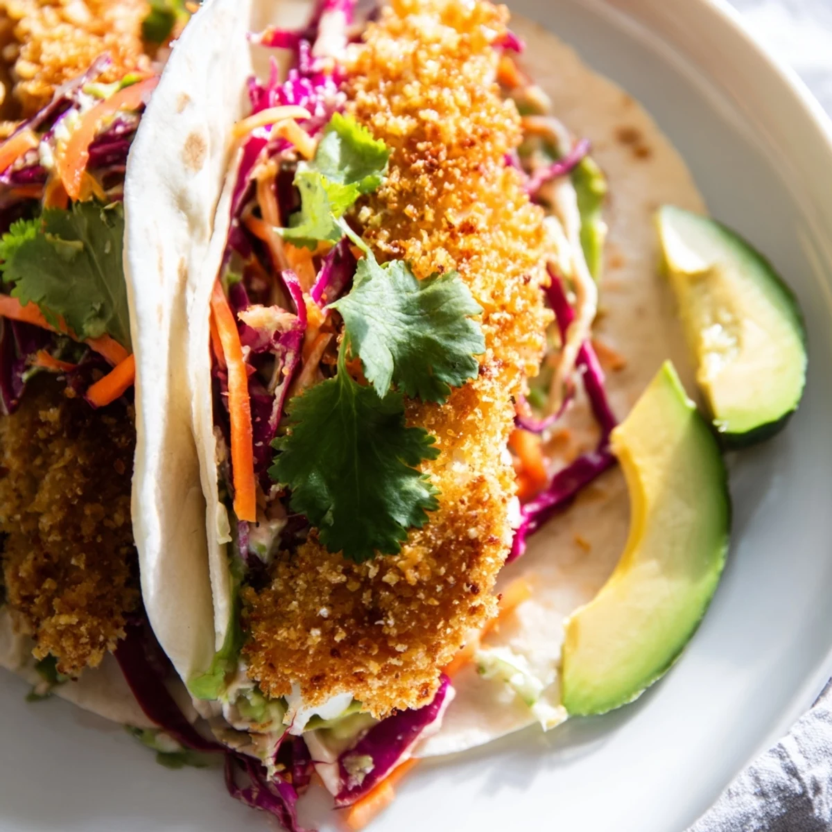 A close-up of Crispy Fish Tacos with Cabbage Slaw and Lime, garnished with cilantro and fresh lime wedges.  