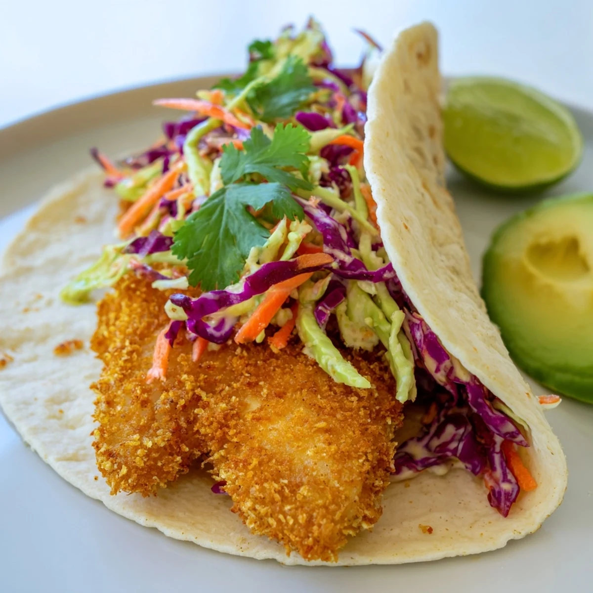 Close-up of Crispy Fish Tacos with Cabbage Slaw and Lime, with lime wedges and avocado on a rustic plate.
