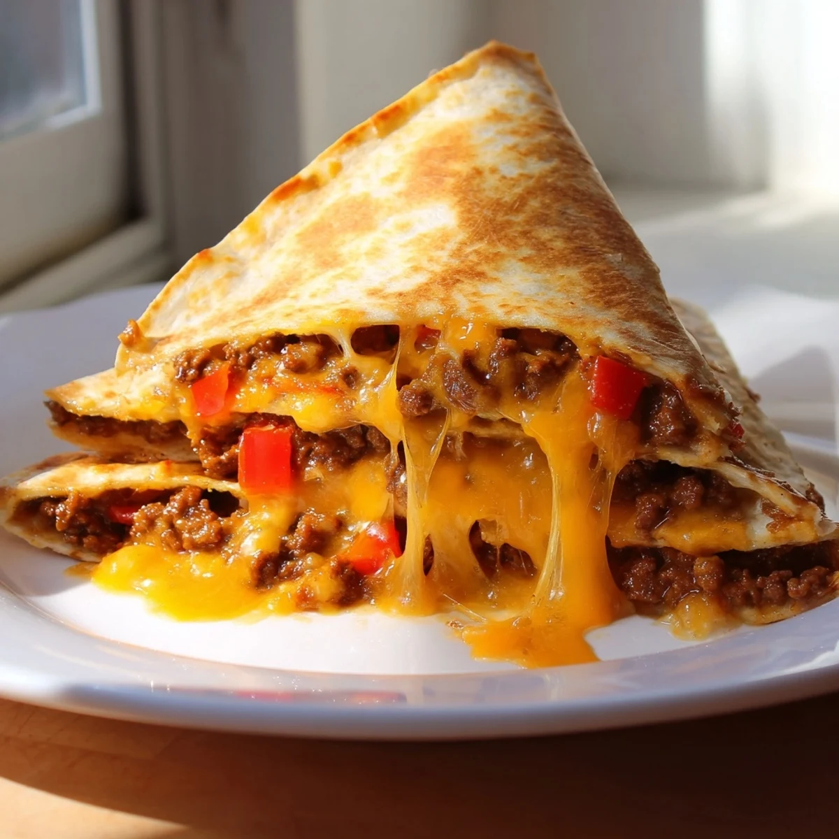 Crispy Beef Quesadillas with Guacamole and Salsa served hot with creamy dip and fresh pico de gallo.