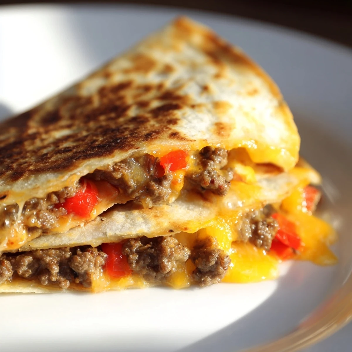 Golden-brown flour tortillas stuffed with seasoned beef and melted cheddar, topped with guacamole and salsa.
