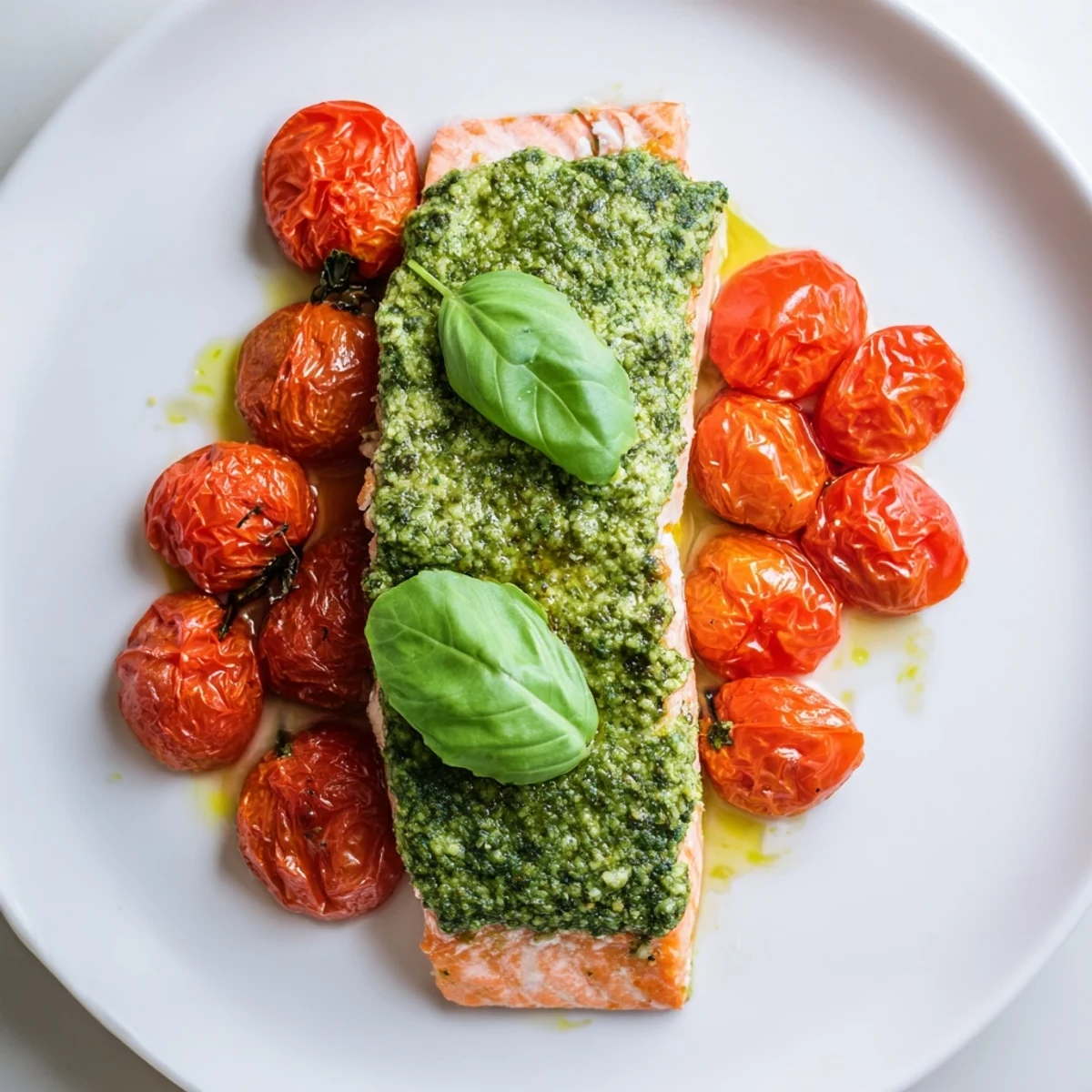 Freshly baked salmon with pesto and cherry tomatoes served with lemon wedges and steamed rice for a vibrant dinner.  