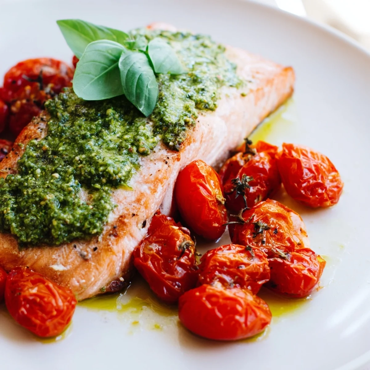 Golden-baked salmon fillets glistening with basil pesto, surrounded by blistered cherry tomatoes and fresh basil on a baking sheet.  