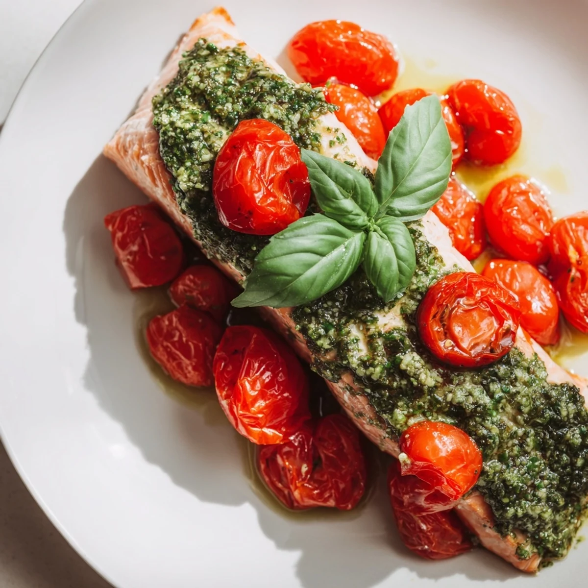 Flaky baked salmon with aromatic pesto and juicy roasted cherry tomatoes, garnished with basil leaves on a white plate.