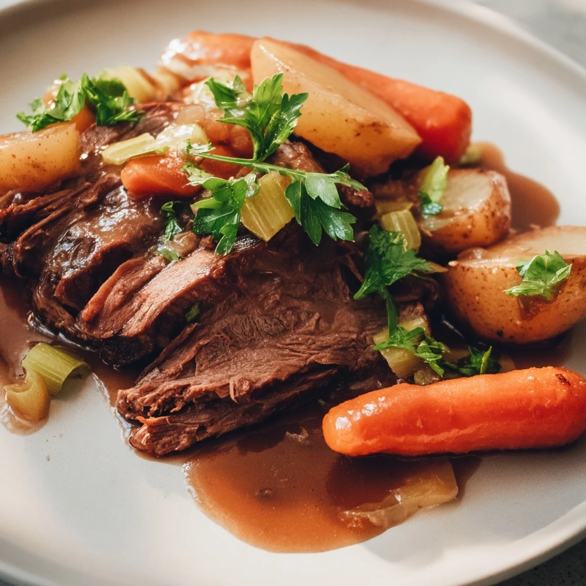Slow-cooked pot roast with rich gravy, tender carrots, and potatoes in a savory one-pot meal.  