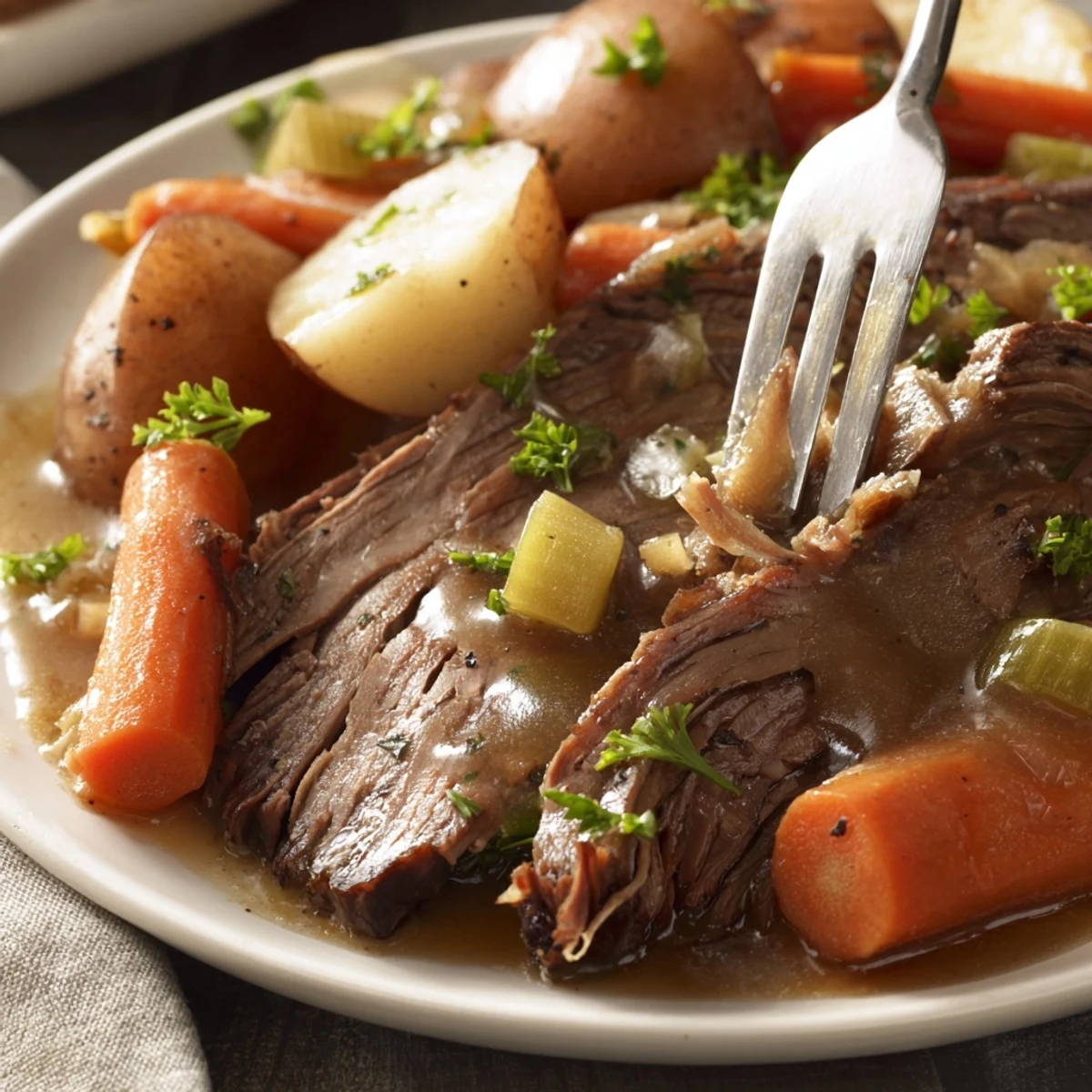 Sizzling chuck roast browning in a skillet before its long, gentle slow cooker transformation.  