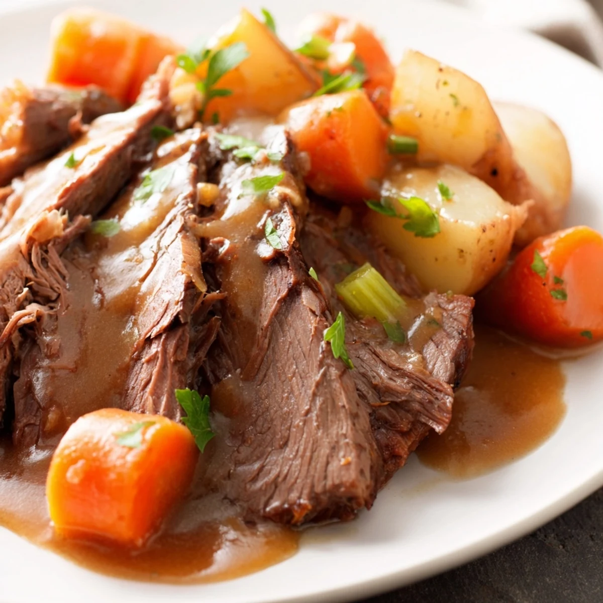 Hearty family dinner featuring fork-tender beef, thick gravy, and buttery soft vegetables.