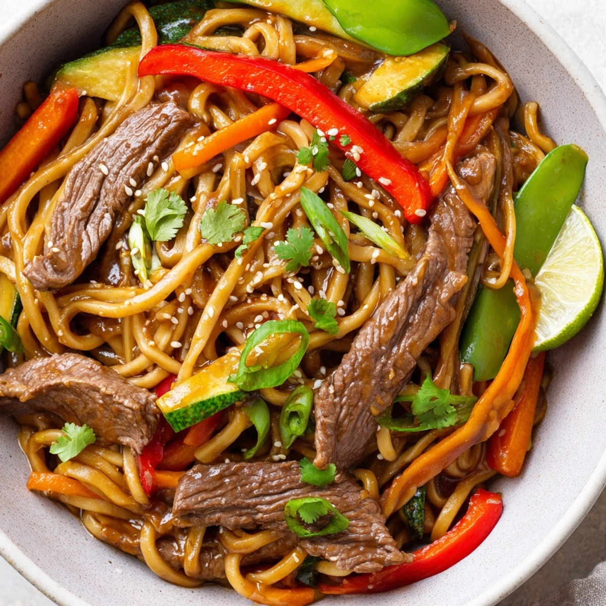 A vibrant bowl of Spicy Beef Noodles with Vegetables, featuring tender beef, crisp bell peppers, and fresh cilantro garnish.