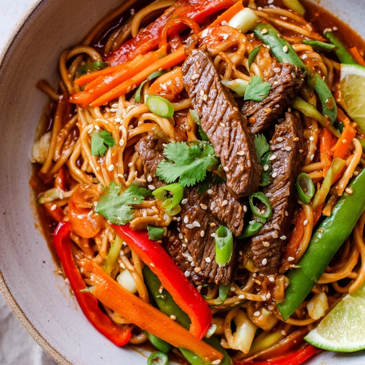Hearty Spicy Beef Noodles with Vegetables tossed in a glossy sauce, served hot with a lime wedge on the side.