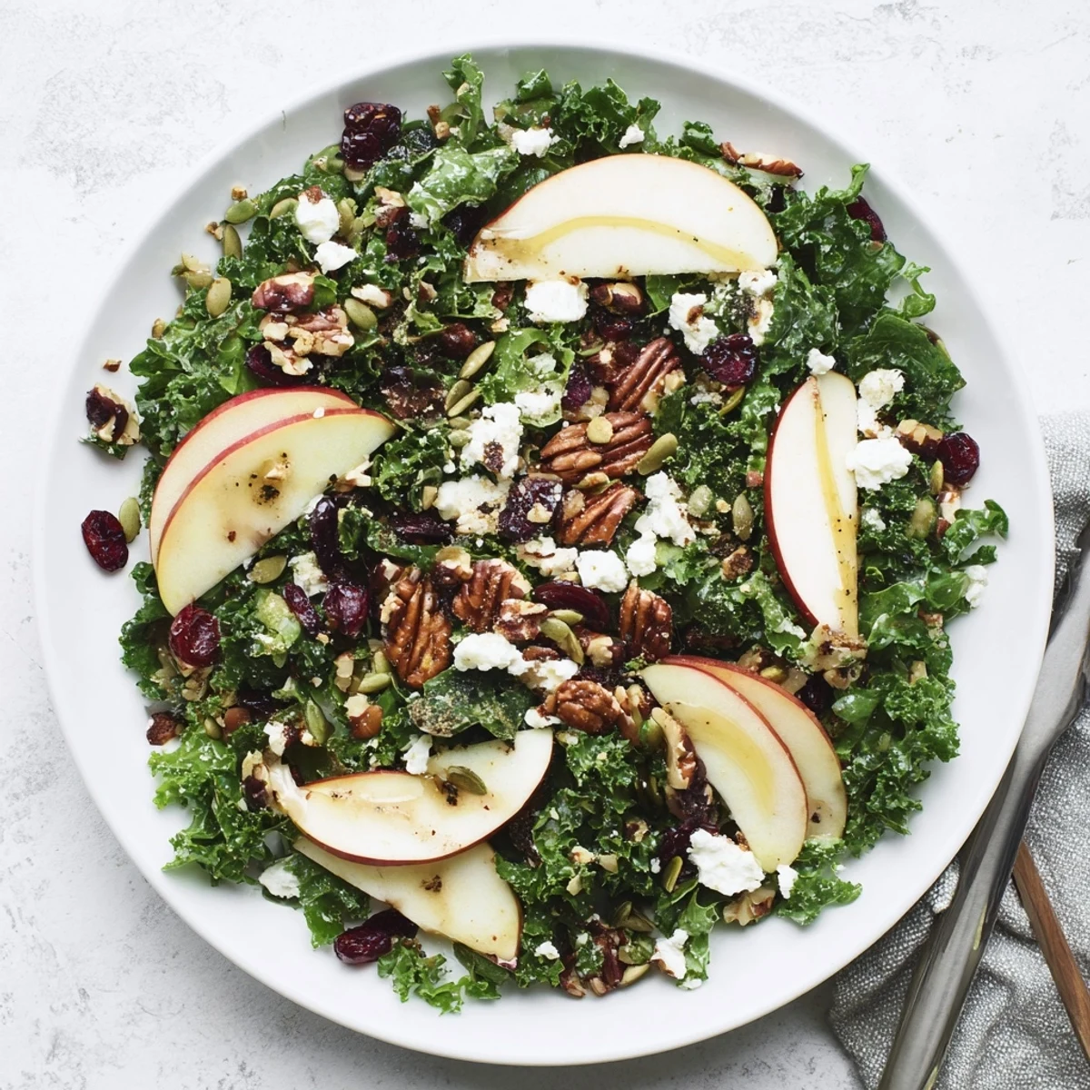 Festive Winter Kale Salad with apple slices, pumpkin seeds, and crumbled goat cheese, ready to serve.