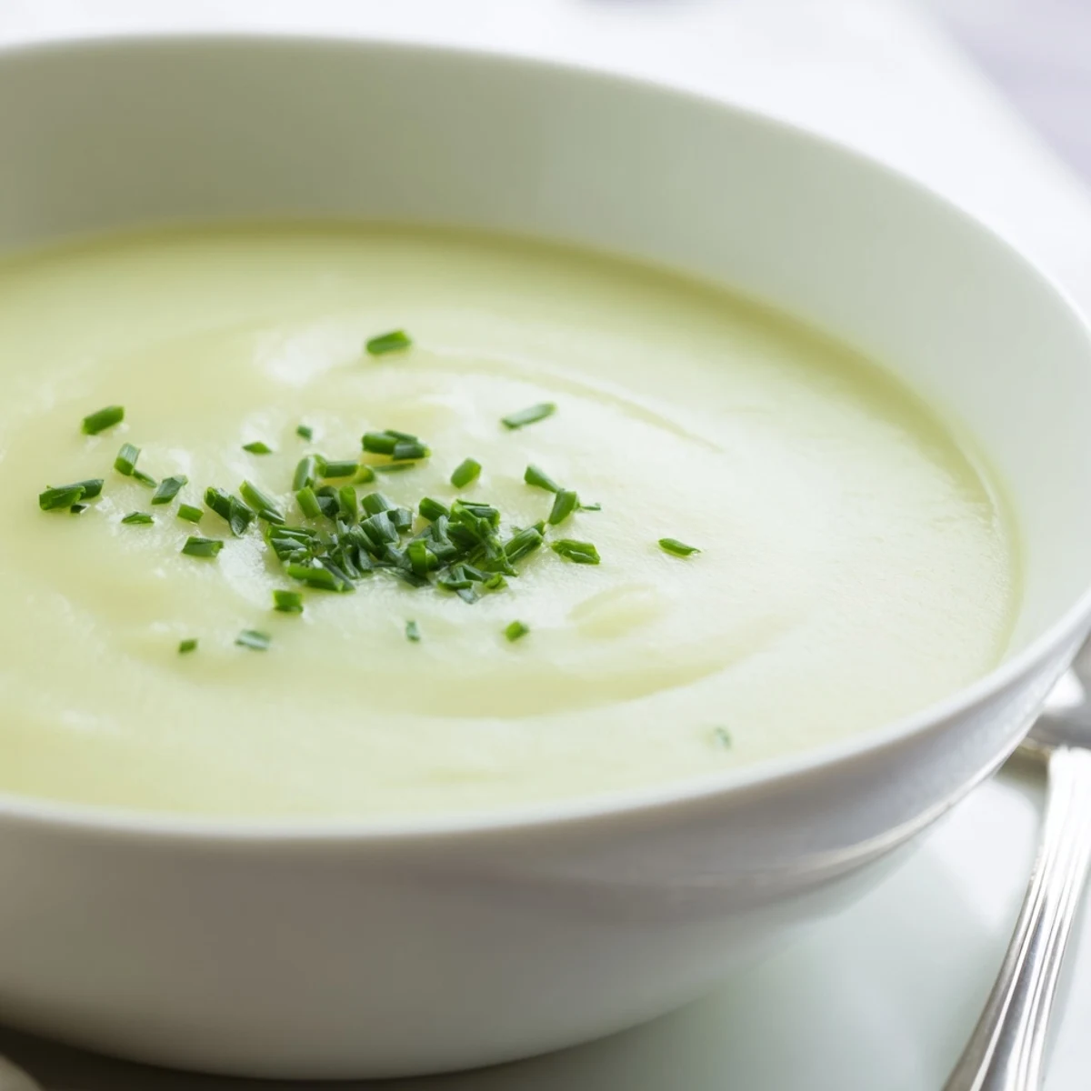 Hearty Creamy Leek Soup with Potatoes in a white ceramic bowl, topped with fresh parsley and a swirl of cream.