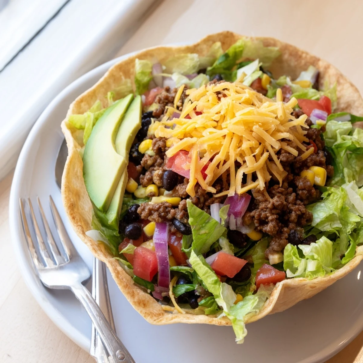 Golden-brown crispy tortilla shells filled with seasoned ground beef, fresh lettuce, tomatoes, and melted cheddar cheese, topped with creamy avocado slices.