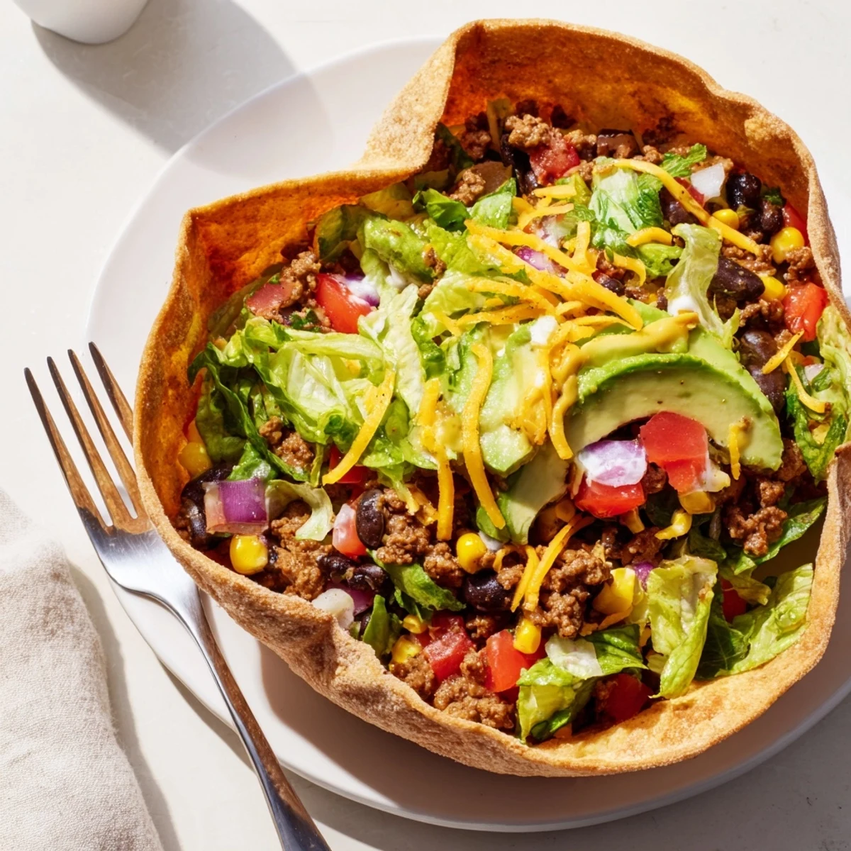 A vibrant Beef Taco Salad with crispy shell, loaded with black beans, corn, and red onion, drizzled with lime sour cream dressing.