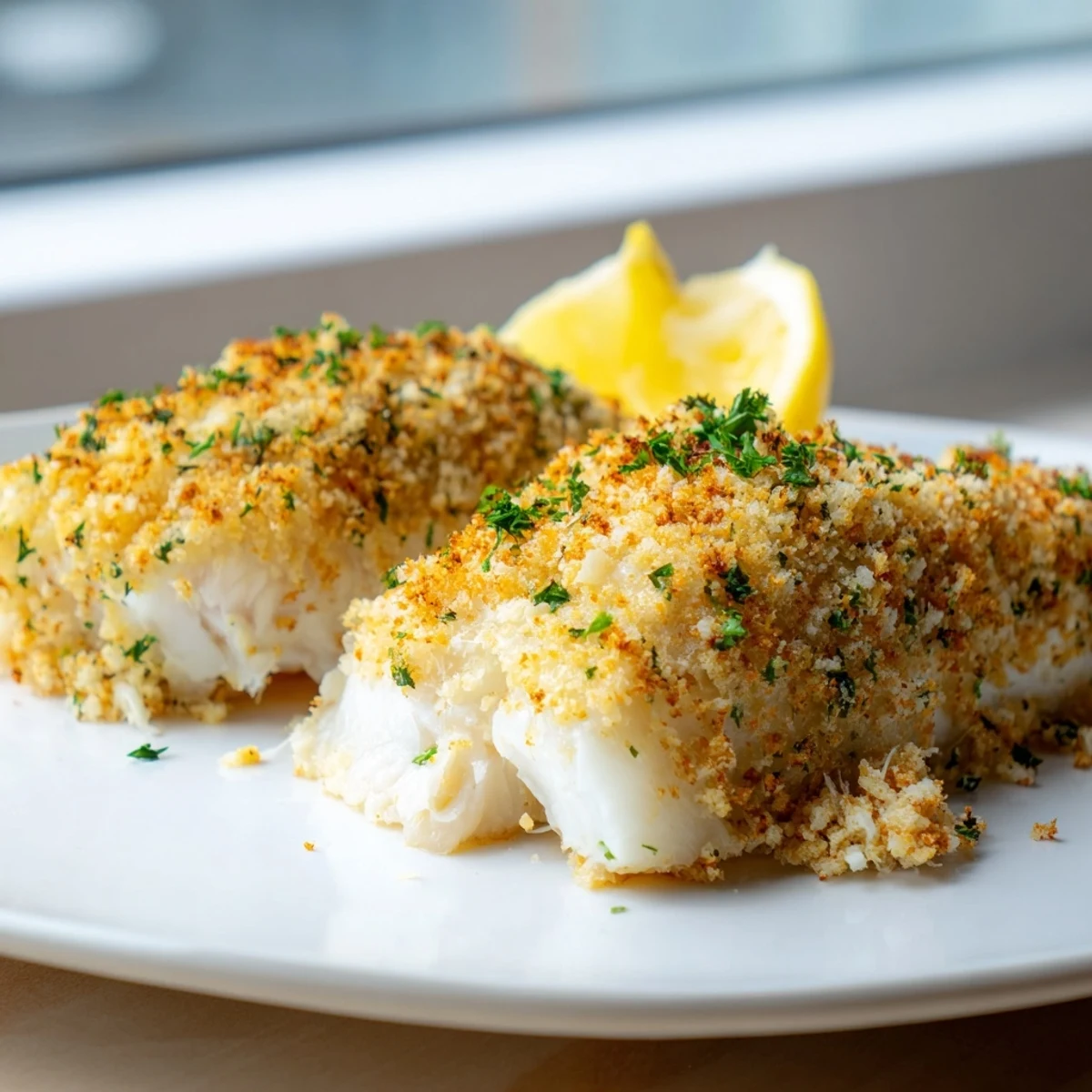 Golden, herbed breadcrumbs top tender baked haddock fillets, served hot from the oven with fresh lemon wedges.