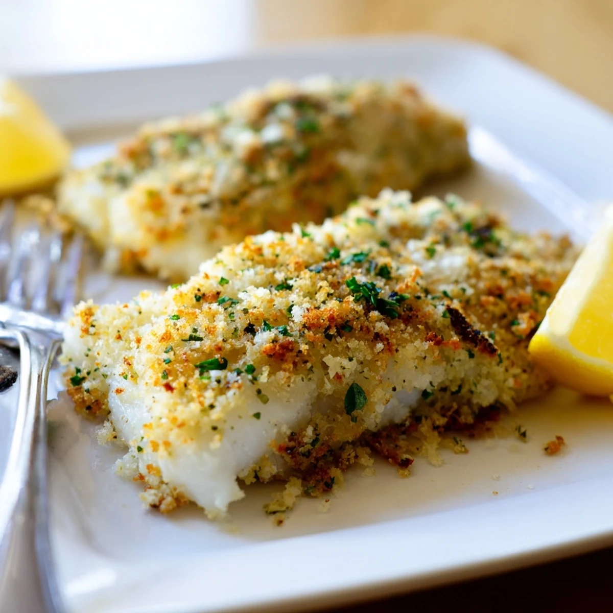 Golden, herbed breadcrumbs top tender baked haddock fillets, served hot from the oven with fresh lemon wedges.