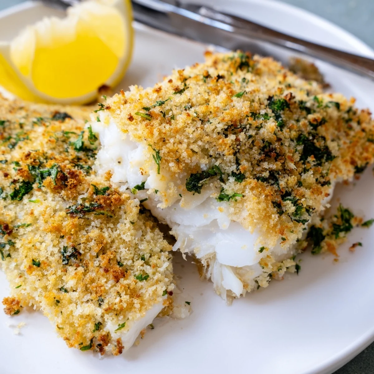 Golden, herbed breadcrumbs top tender baked haddock fillets, served hot from the oven with fresh lemon wedges.