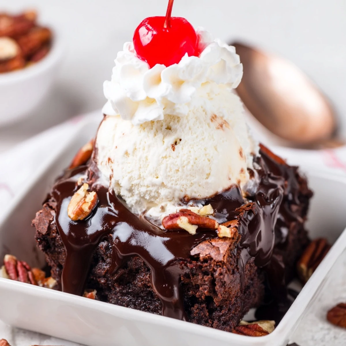 Warm chocolate brownies topped with scoops of vanilla ice cream and a glossy drizzle of hot fudge sauce.  