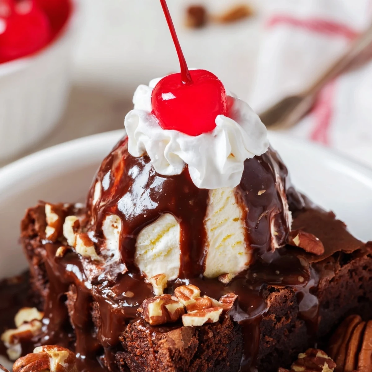 A close-up of a Chocolate Brownie Sundae, featuring gooey fudge, crunchy nuts, and fluffy whipped cream.  