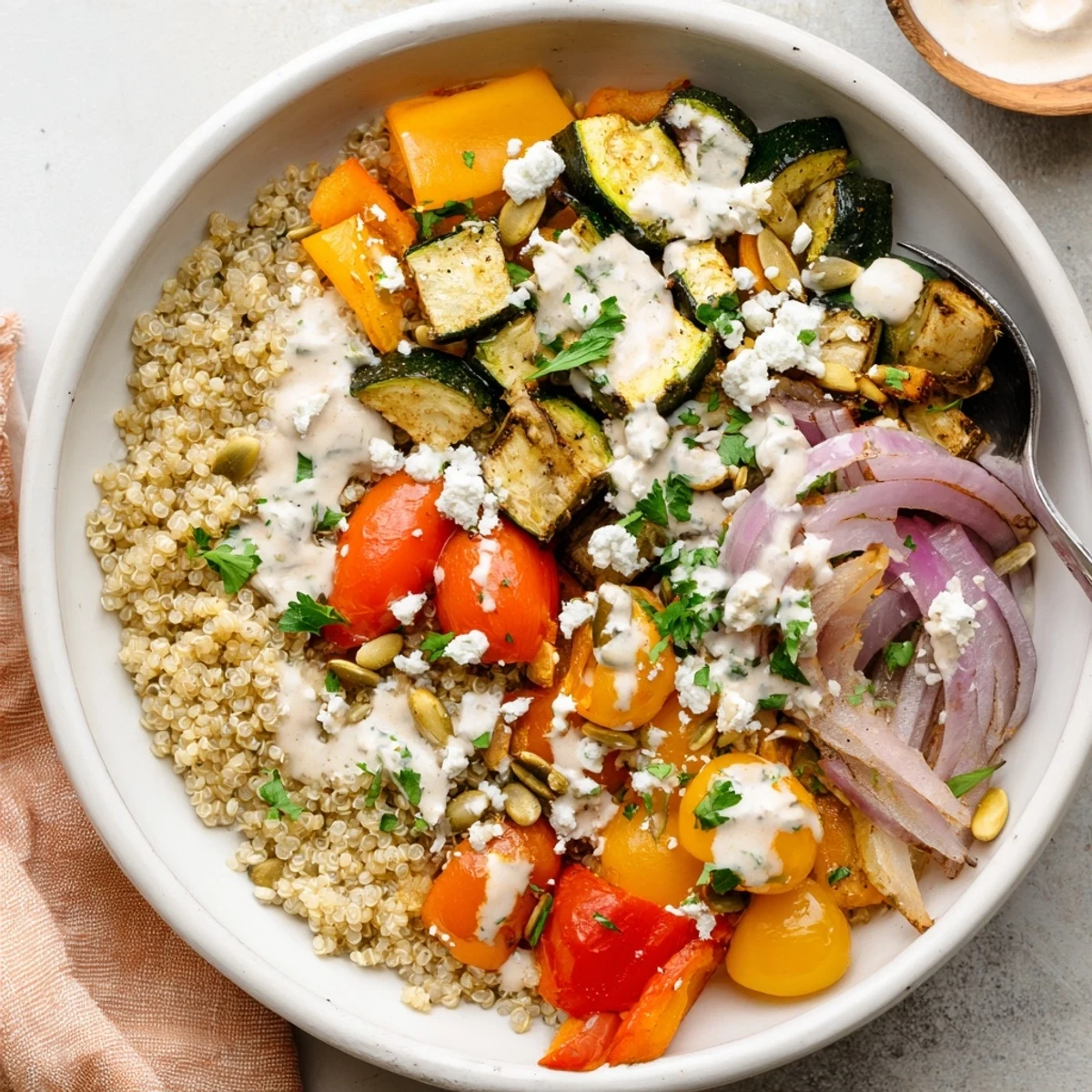 A vibrant Roasted Vegetable Quinoa Bowl topped with golden-brown zucchini, peppers, and a drizzle of creamy lemon-tahini dressing.  