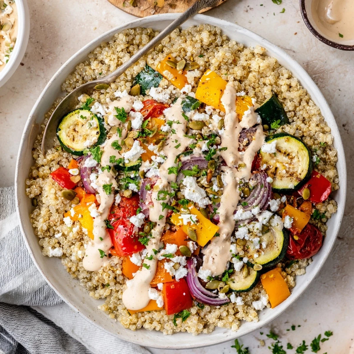 Healthy Roasted Vegetable Quinoa Bowl with fluffy quinoa, roasted veggies, and fresh parsley garnish, served warm in a white bowl.  