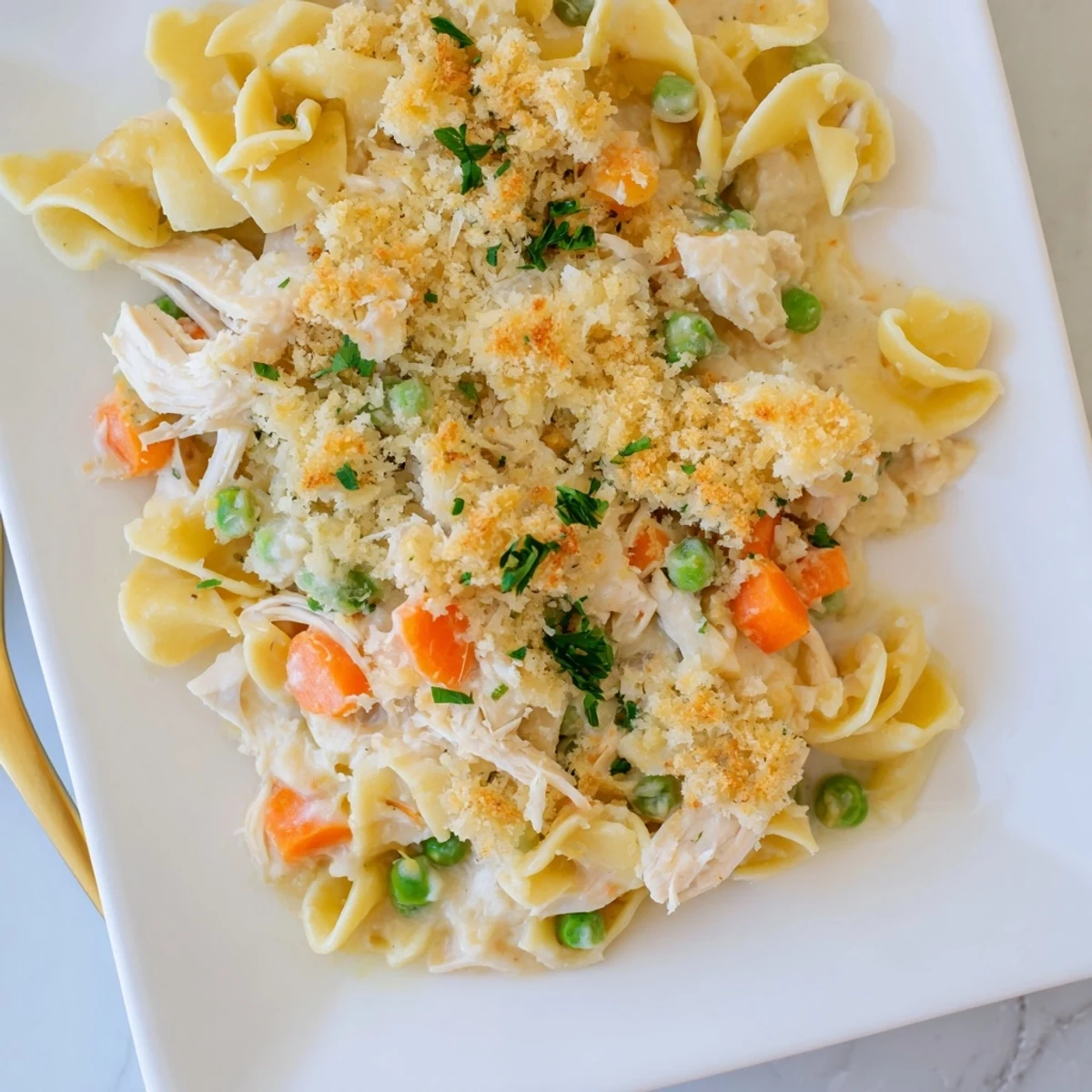 A golden-baked Chicken Noodle Casserole with Crumble bubbling from a 9x13 dish, topped with buttery panko and parsley.