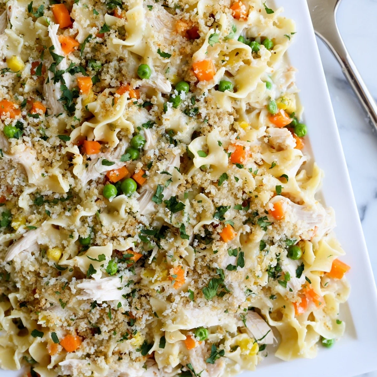 Spoonful of creamy Chicken Noodle Casserole with Crumble reveals tender egg noodles, peas, carrots, and shredded chicken.