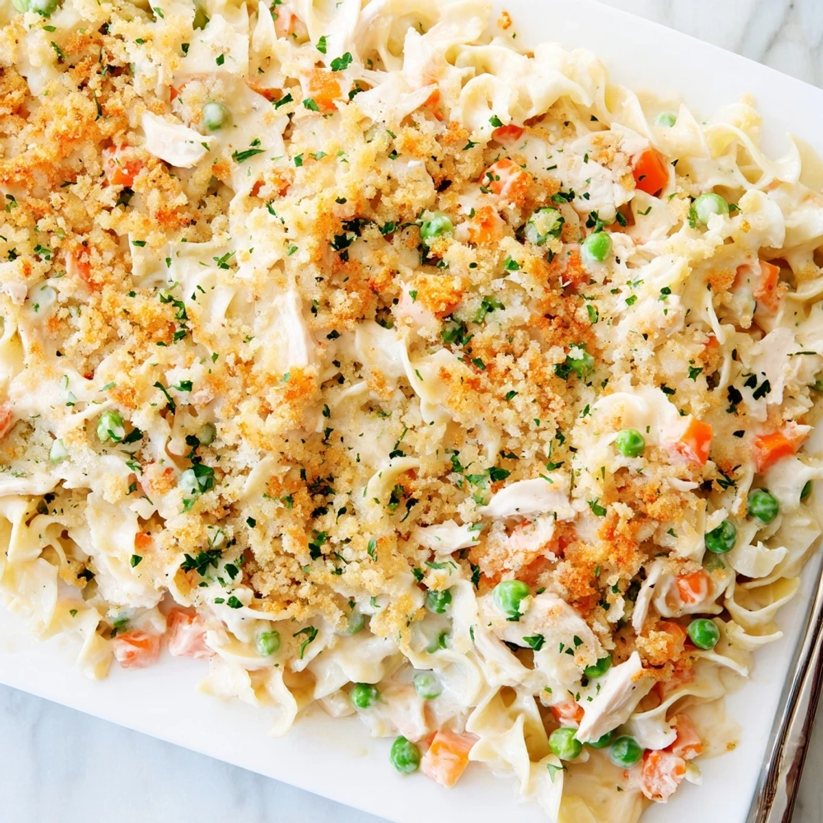 Freshly baked Chicken Noodle Casserole with Crumble served on a white plate, garnished with parsley for a family dinner.
