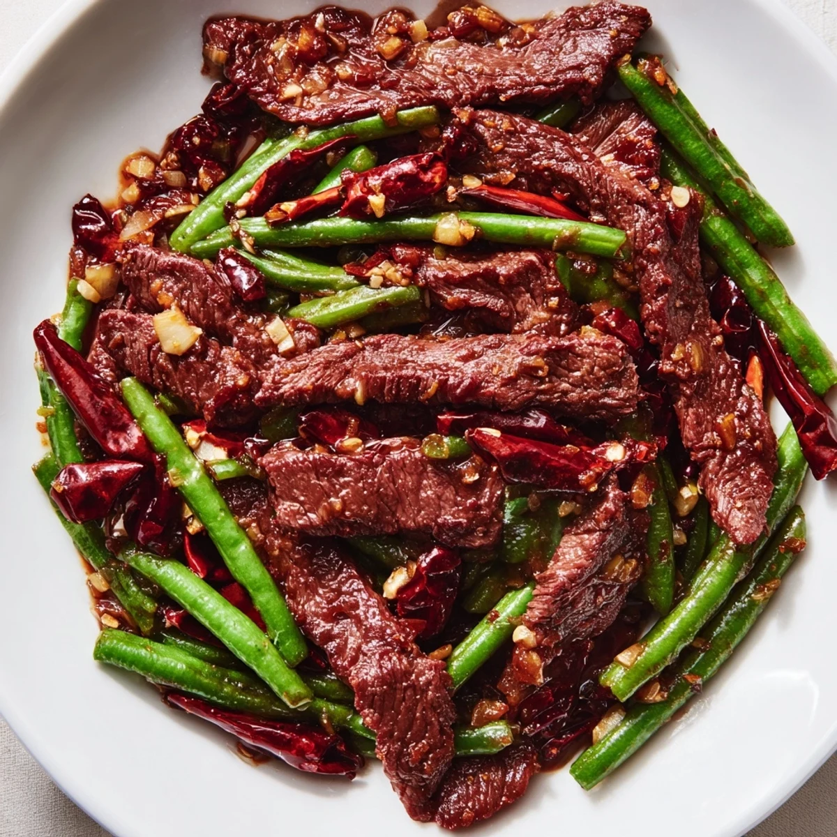Garlicky, spicy Szechuan green beans with tender beef, garnished with sliced scallions and red chili flakes on a rustic plate.