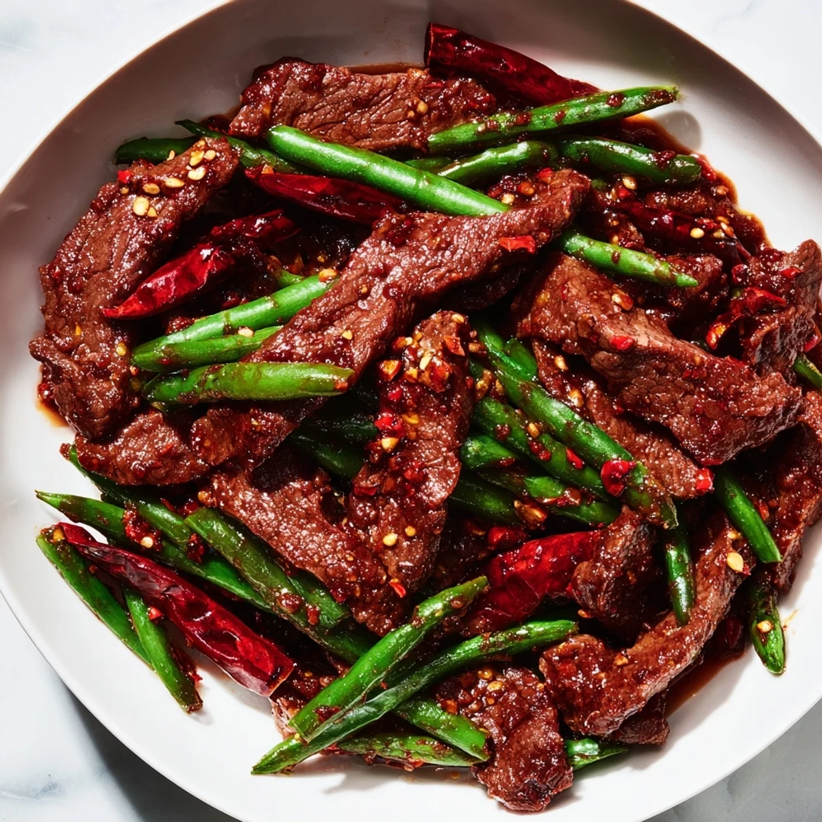 Crisp, blistered green beans and seared beef strips coated in a fiery Szechuan sauce, served over fluffy white rice.