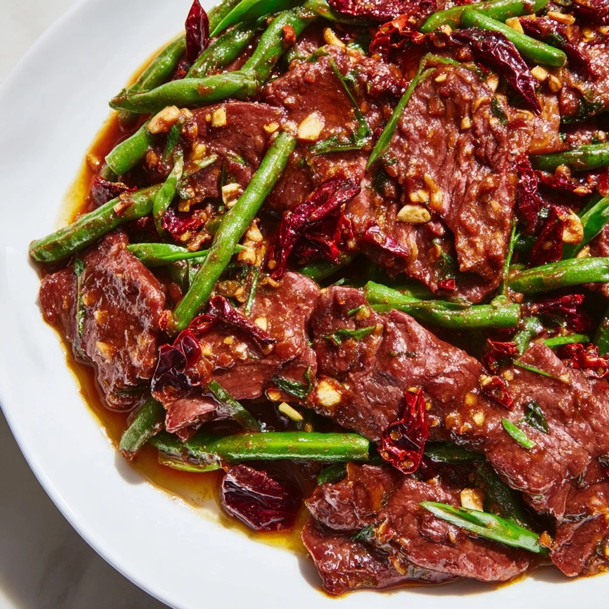A close-up of spicy Szechuan green beans and marinated beef tossed in a glossy, aromatic sauce, perfect for a quick weeknight dinner.