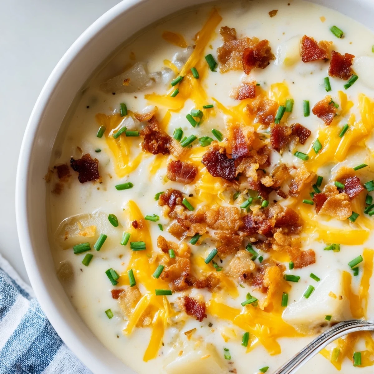 Creamy potato soup with cheese and halal turkey bacon served with crusty bread for dipping.